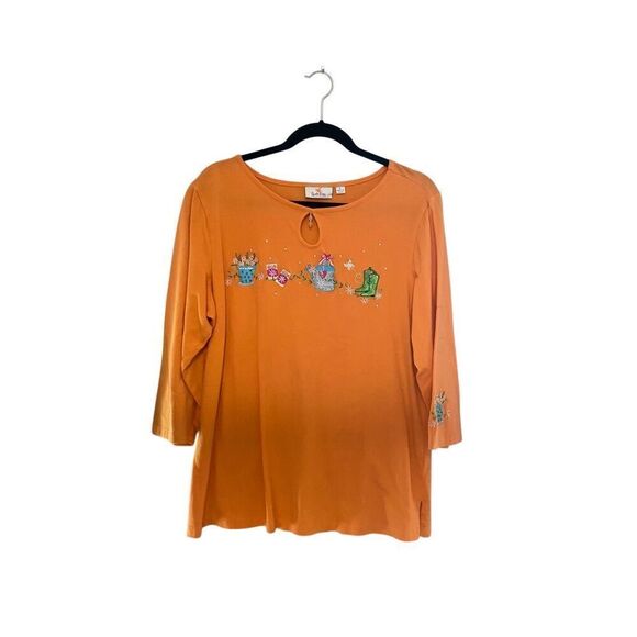 Quacker factory women’s embroidered gardening, orange T-shirt size large - Picture 2 of 5